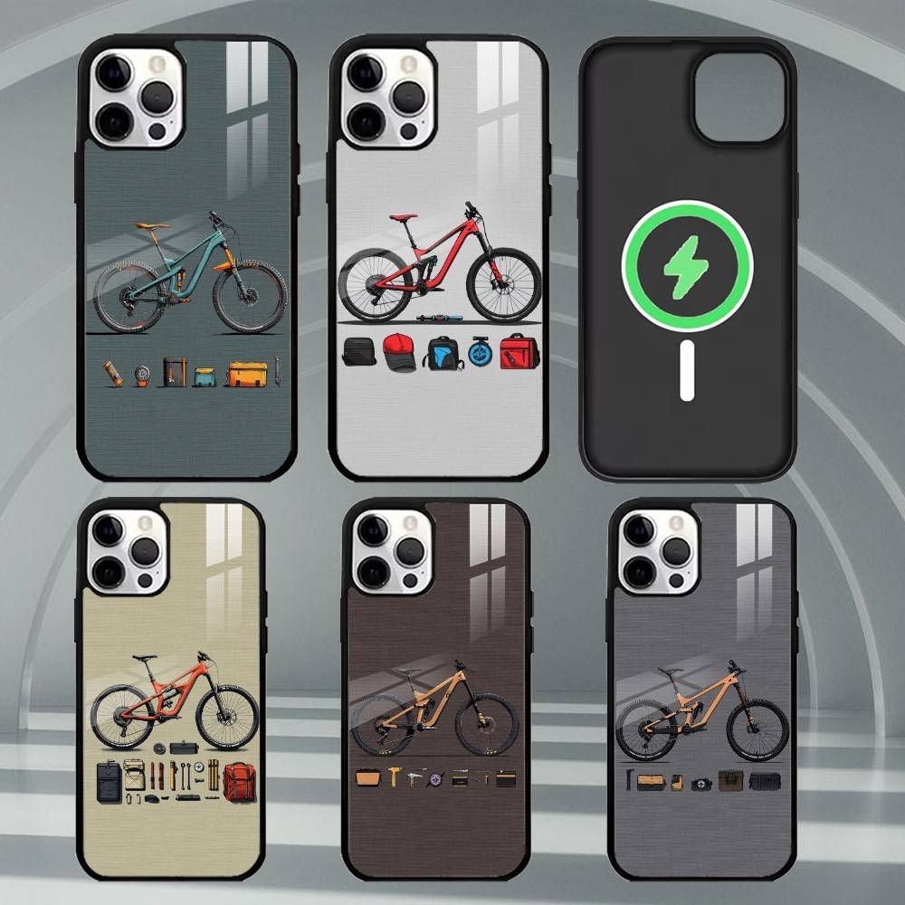 Mountain Biking Logo - マウンテンバイク自転車柄のクールなiPhoneケース（iPhone17、16、15、14、13、12、11 Plus、Pro Max対応）、マグセーフワイヤレス充電対応
